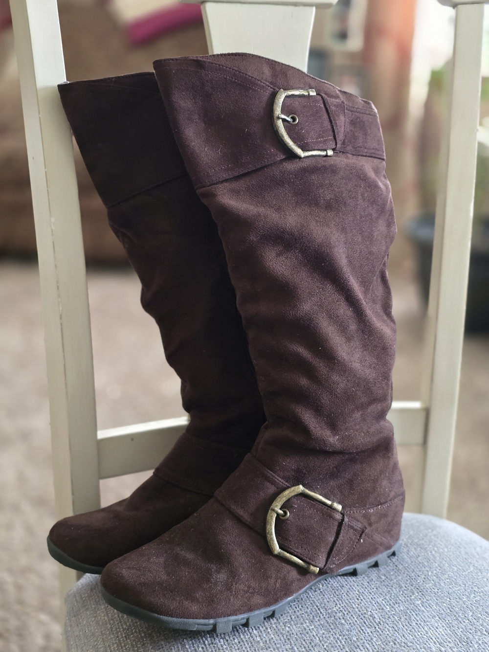 Women's Dark Brown Suede Buckle Knee-High Boots